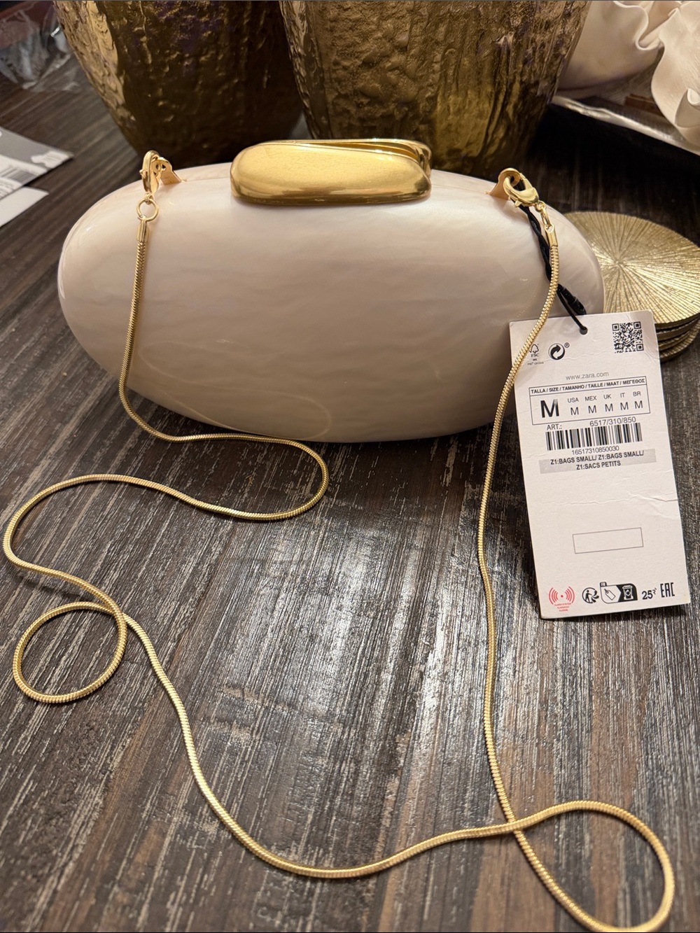 Zara Cream Oval Clutch with Gold Chain